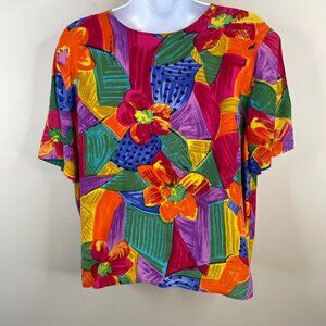 Vintage 80s Bold Floral Silk Top Large Stranger Things Style Indie Chic Blouse